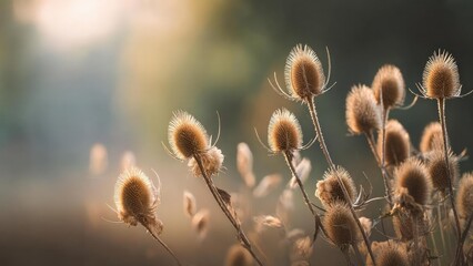 Obraz premium Dried teasel seed heads on tall stems bathed in warm backlight. Concept Teasel Seed Heads, Tall Stems, Dried Botanical, Warm Backlight, Golden Hour Nature