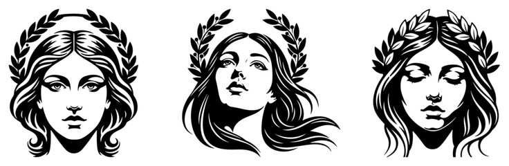 Vintage Female Saint Portraits with Laurel Wreaths Vector Illustration