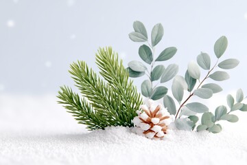 Pine cone is on top of a snow covered ground