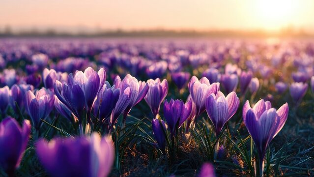 A field of purple crocuses blooming under golden hour sunlight. Concept Purple Crocuses Field, Golden Hour Lighting, Spring Floral Landscape, Warm Backlight, Vibrant Color Palette