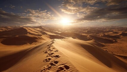 Footprints along a dune ridge in a vast golden desert at sunset. Concept Footprints in desert sand, Dune-ridge landscape at sunset, Golden hour desert photography, Vast tranquil horizons