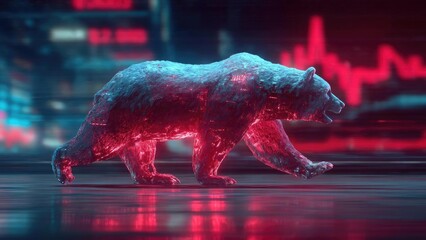 A glowing glassy polar bear lit by blue and red neon in a futuristic cyberpunk city. Concept Glowing glassy polar bear, Blue and red neon lighting, Futuristic cyberpunk city, Neon reflections