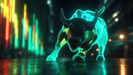 Neon-lit, wireframe bull sculpture glowing turquoise on a city street at night, with colorful vertical light columns in the background. Concept Neon-lit urban sculpture, turquoise wireframe bull