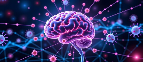 Colorful Digital Illustration of Human Brain Surrounded by Microbes, Representing Human Health, Intelligence, and Pathogens in a Medical Context