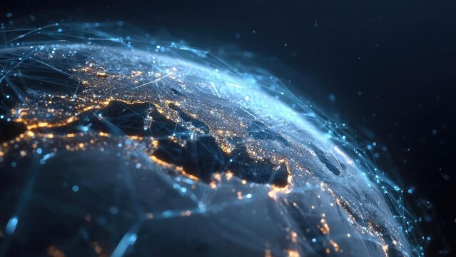 A digital globe glowing with city lights and blue network lines, illustrating global connectivity and the internet. Concept Global Connectivity, Glowing Digital Globe, City Lights