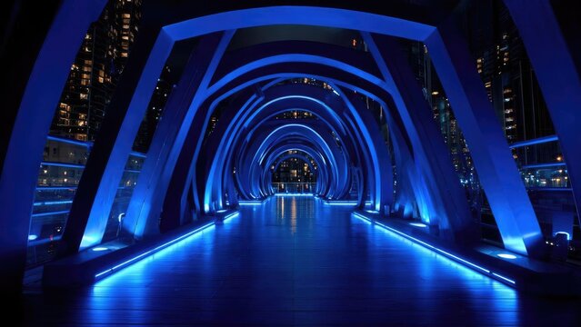 Blue neon-lit pedestrian tunnel with repeating circular arches and glowing floor lighting. Concept Neon Tunnel Photography, Circular Arch Architecture, Blue Lighting Effects, Glowing Floor Lighting