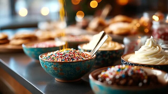 Christmas cookie decorating party setup with multiple bowls of icing and sprinkles holiday group activity festive baking gathering colorful decoration supplies party table