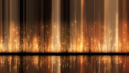 Abstract display of vertical golden light beams and tiny sparks, mirrored on a dark reflective surface. Concept Golden light beams, Vertical light shafts, Tiny sparks, Dark reflective surface