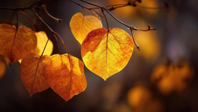 Orange autumn leaves lit from behind, heart-shaped and hanging on a branch. Concept Backlit Autumn Leaves, Heart-Shaped Leaves, Hanging Branch Details, Orange Color Palette - Powered by Adobe