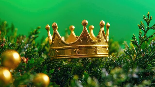 A gold crown perched among green pine branches, with blurred golden ornaments in the foreground. Concept Golden Crown, Pine Branches, Holiday Glow, Bokeh Ornaments, Regal Nature - Powered by Adobe