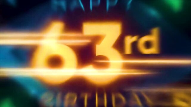 Vibrant 63rd birthday celebration with glowing yellow-orange digits, motion blur, and blue-green accents on dark backdrop