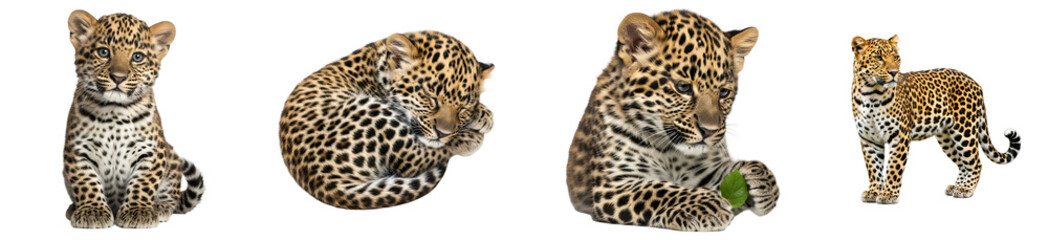 Obraz premium Four leopard cubs in different poses against a plain backdrop, adorable and playful young animals on transparent background