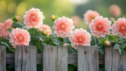 Dreamy Dahlias Delightful Peach Blooms Over Rustic Wooden Fence in Lush Garden Setting