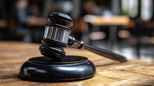 A judge's gavel resting on a wooden table in a courtroom. Concept Courtroom scene, Judge's gavel, Wooden table, Legal proceedings and authority