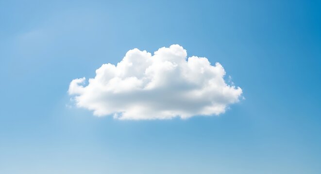 “single fluffy white cloud on clear blue sky, soft natural lighting, minimal clean background, peaceful atmosphere