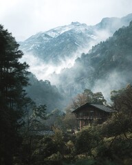 Nature Image (Misty, Mountains, Tea, Wooden House)