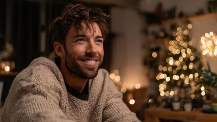 Bearded man in a chunky beige sweater smiles indoors, with warm Christmas lights twinkling in the blurred background. Concept Bearded man in a chunky beige sweater, Indoor cozy Christmas lights mood