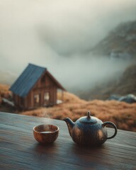 Nature Image (Misty, Mountains, Tea, Wooden House)