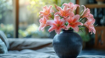 Elegant Pink Lilies in a Rustic Vase Bathed in Soft Natural Light Adding Warmth to a Cozy Indoor Scene