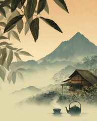 Nature Image (Misty, Mountains, Tea, Wooden House)