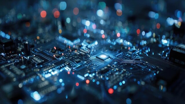 Close-up of a blue-lit circuit board with microchips and glowing circuitry. Concept Blue-lit circuit board close-up, Neon microchips glow, Futuristic electronics macro detail, Tech circuitry textures