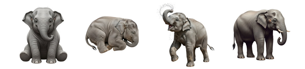 Obraz premium Four elephants in different poses showcasing their size and form on a plain backdrop view on transparent background