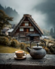 Nature Image (Misty, Mountains, Tea, Wooden House)