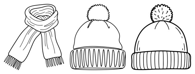Winter Scarf and Knitted Hat Set Line Art Illustration