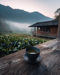 Nature Image (Misty, Mountains, Tea, Wooden House)