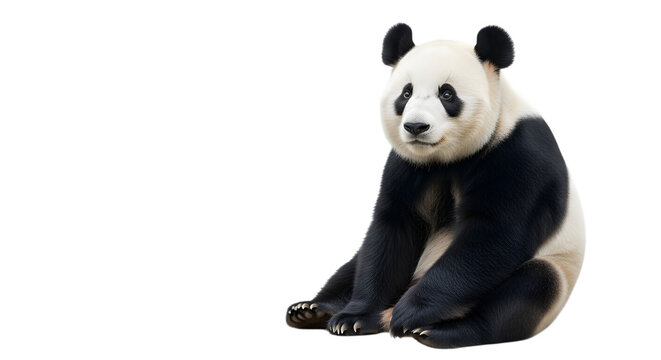 Giant panda sitting isolated on black background looking at the camera