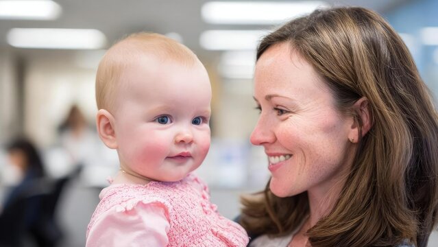 A smiling mother holds her baby daughter with blue eyes and rosy cheeks in a bright indoor setting. Concept Mother and daughter portrait, Indoor bright setting, Baby girl with blue eyes