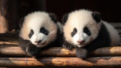 Obraz premium Two panda cubs rest their paws on a wooden log, gazing at the camera. Concept Panda cubs, Wildlife photography, Cute animals, Forest habitat, Gazing at the camera