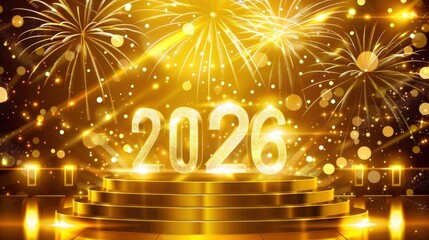 Golden fireworks and illuminated 2026 numerals celebratory backdrop