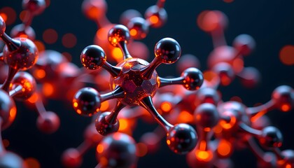 Abstract Representation of Molecular Structures with Red and Black Color Palette Featuring Spheres and Connections on Dark Background