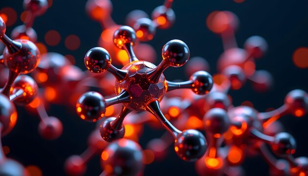 Abstract Representation of Molecular Structures with Red and Black Color Palette Featuring Spheres and Connections on Dark Background