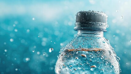 Close-up of a wet plastic water bottle cap with droplets on the bottle against a blue, bokeh-filled background. Concept Macro close-up, Wet plastic bottle cap, Water droplets, Blue bokeh background