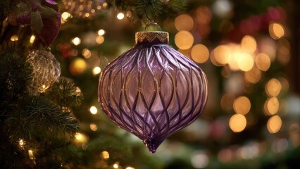 A purple ribbed glass Christmas ornament hanging on a tree, with warm glowing bokeh lights in the background. Concept Purple ribbed glass Christmas ornament, Hanging on a Christmas tree