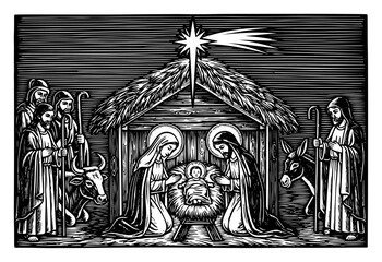 Nativity Scene Holy Family in Stable with Star Vintage Woodcut