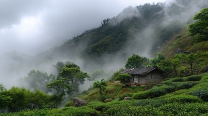 Nature Image (Misty, Mountains, Tea, Wooden House)