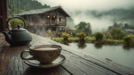 Nature Image (Misty, Mountains, Tea, Wooden House)