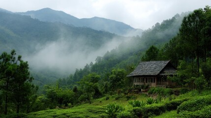 Nature Image (Misty, Mountains, Tea, Wooden House)