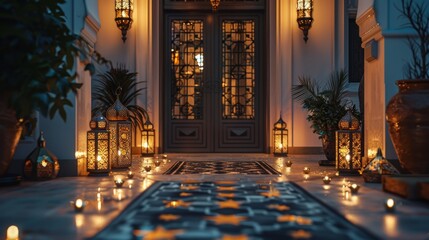 Warm Glow Welcoming Entrance with Intricate Lanterns and Soft Candlelight Leading to a Grand Doorway