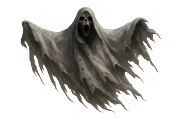 Ghost of the grim reaper floating, wearing a torn white cloak, revealing a menacing skull face with an open mouth. Transparent background