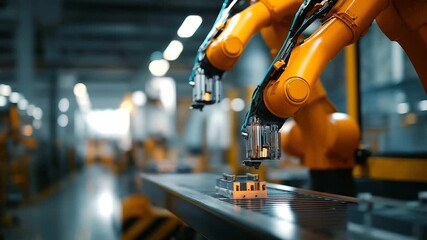 Row of orange robotic arms working simultaneously on battery pack assembly synchronized automation EV manufacturing facility lithium ion cell installation modern automotive pro