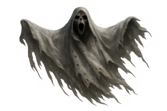 Ghost of the grim reaper floating, wearing a torn white cloak, revealing a menacing skull face with an open mouth. Transparent background