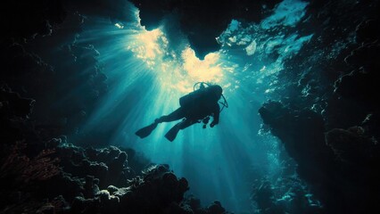 A scuba diver gliding through an underwater cavern with sunlight streaming in. Concept Underwater Cavern Dive, Sunlight Through Water, Scuba Diver, Ocean Exploration, Aquatic Photography