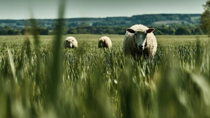 A sheep stands in a lush green field with two others grazing in the distance, rolling hills in the background. Concept Sheep grazing in a lush green field, Rolling hills in the background