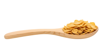 Wooden spoon filled with crunchy corn flakes on a black background