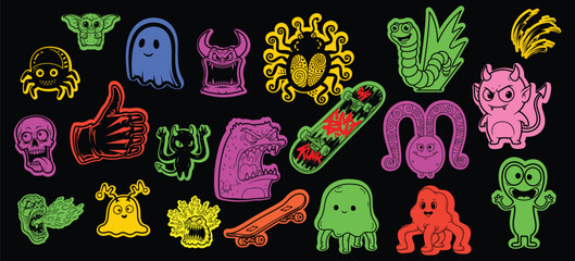 Neon Monster Sticker Pack – Cartoon Creatures, Skulls, Ghosts & Skateboard Icons