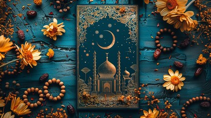 A Celebration of Ramadan Kareem Artistic Still Life with Islamic Art, Dates, Flowers, and Prayer Beads